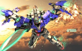 00_raiser 3d arm_blade character_name cloud cloudy_sky commentary_request english_text explosion flying glowing glowing_eyes gn_drive green_eyes gundam gundam_00 highres holding holding_sword holding_weapon light_particles mecha mobile_suit no_humans robot sky solo sword v-fin weapon zefai