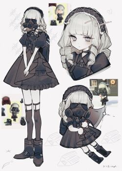 Rule 34 | 1girl, animal crossing, axe, backpack, bag, blunt bangs, boots, choker, collared dress, commentary, cropped shoulders, curly hair, dress, expressionless, frilled dress, frills, full body, gas mask, glint, grey eyes, hairband, highres, holding, holding axe, legwear garter, lolita hairband, long hair, mask, multiple views, nekosa, nintendo, over-kneehighs, own hands together, reference inset, ringlets, screenshot inset, short sleeves, socks, thighhighs, villager (animal crossing), white hair