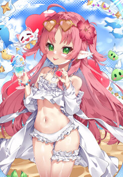 1girl absurdres arknights bikini blush collarbone commentary cup eyewear_on_head flower food frilled_bikini frills gluteal_fold green_eyes hair_flower hair_ornament highres holding holding_cup hua-huahua ice_cream long_hair looking_at_viewer myrtle_(arknights) myrtle_(summer_flowers)_(arknights) navel official_alternate_costume pointy_ears red_hair shirt solo swimsuit symbol-only_commentary tongue tongue_out twintails white_bikini white_shirt