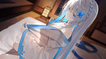 Rule 34 | 1girl, absurdres, andon, aogiri koukou, blue eyes, blue flower, blue hair, blue nails, blue pupils, blurry, blurry background, braid, breasts, closed mouth, collarbone, colored eyelashes, colored inner hair, flower, grey hair, hair flower, hair ornament, highres, indoors, kkix25, kurikoma komaru, lantern, long hair, multicolored hair, open clothes, open robe, robe, see-through silhouette, solo, streaked hair, symbol-shaped pupils, virtual youtuber, white robe, window