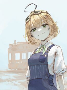 1girl ahoge black_streaks blonde_hair blue_overalls bow bowtie dooby dooby_(1st_costume) goggles goggles_on_head green_bow green_bowtie green_eyes hair_between_eyes highres indie_virtual_youtuber light_smile looking_at_viewer medium_hair multicolored_hair overalls parted_bangs shirt short_hair solo star_(symbol) tablicoart thick_eyebrows train vertical-striped_overalls virtual_youtuber white_background white_shirt white_streaks