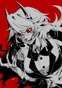 1girl absurdres bow bowtie charlie_morningstar circle_facial_mark claws colored_sclera demon_girl demon_horns evil_smile fingernails formal_clothes glaring hair_down hashtag-only_commentary hazbin_hotel hellaverse highres horns kazuya_(kozun) long_fingernails long_fingers mouth_pull open_mouth red_background red_sclera sharp_fingernails slit_pupils smile solo spot_color suit upper_body wide_mouth yellow_eyes