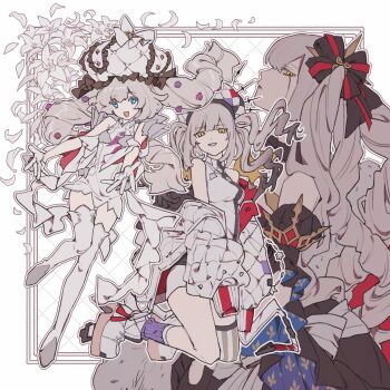 3girls :d absurdres asymmetrical_legwear bare_shoulders black_dress black_hair black_tears blonde_hair blue_eyes boots border bow colored_inner_hair crying crying_with_eyes_open detached_sleeves down_jacket dress fate/grand_order fate_(series) fleur-de-lis fleur-de-lis_print flower gloves gradient_hair hair_flower hair_ornament hat hat_bow highres jacket kneeling large_hat lily_(flower) long_sleeves looking_at_viewer m_12170 marie_antoinette_(fate) marie_antoinette_(third_ascension)_(fate) marie_antoinette_alter_(fate) marie_antoinette_alter_(first_ascension)_(fate) multicolored_hair multiple_girls multiple_persona off_shoulder one_side_up open_mouth outline outside_border outstretched_arms outstretched_hand parted_lips petals purple_flower purple_socks ringlets shoes short_dress single_sock single_thighhigh sleeveless sleeveless_dress smile socks striped_clothes striped_thighhighs tears thigh_boots thighhighs turtleneck turtleneck_dress twintails vertical-striped_clothes vertical-striped_thighhighs white_background white_boots white_bow white_dress white_gloves white_hair white_hat white_jacket white_outline white_shoes yellow_eyes