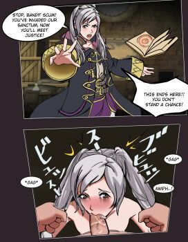 1girl 2koma absurdres book comic cum cum_in_mouth fellatio female_robin_(fire_emblem) fire_emblem fire_emblem_awakening forced highres instant_loss irrumatio makeup nintendo oral penis robe runny_makeup speech_bubble sunbeam_(artist) twintails white_hair yellow_eyes