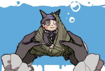 1girl 2boys beanie black_gloves black_hat black_jacket blue_background blue_shirt blush_stickers brown_hair bubble buttons chinese_commentary closed_mouth collared_jacket commentary_request danganronpa_(series) danganronpa_v3:_killing_harmony fake_horns female_pov food food_request frilled_sleeves frills gloves grey_eyes hat holding holding_food horned_headwear horns hoshi_ryoma in_food jacket kouzidaren lapels leather leather_jacket letterboxed long_sleeves looking_at_viewer lowres male_focus mini_person miniboy multiple_boys notched_lapels o-ring one_eye_closed outside_border pov seaweed shirt short_hair sleeves_past_wrists tojo_kirumi wavy_mouth zipper