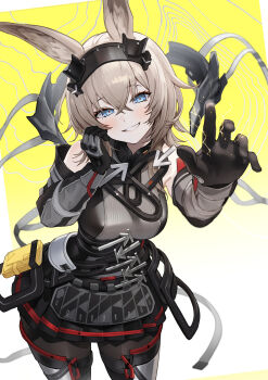 animal_ears aqua_eyes arknights arknights:_endfield arrow_(symbol) avywenna_(arknights) bare_shoulders beruko14 black_gloves black_hairband black_pantyhose black_skirt blush commentary contrapposto cowboy_shot detached_sleeves foreshortening gloves grey_hair grey_shirt grey_sleeves hair_between_eyes hairband hand_on_own_cheek hand_on_own_face hands_up highres long_hair long_sleeves looking_at_viewer pantyhose pointing pointing_at_viewer rabbit_ears rabbit_girl reaching reaching_towards_viewer red_trim seductive_smile shirt skirt sleeveless sleeveless_shirt smile solo standing teeth thighhighs
