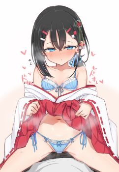 1boy 1girl asymmetrical_hair black_hair blue_bra blue_eyes blue_panties blue_ribbon blush bow bow_bra bow_panties bra breasts closed_mouth clothes_lift collarbone commentary_request girl_on_top groin hair_between_eyes hair_ornament hair_ribbon hairclip hakama hakama_lift hakama_skirt heart hetero highres japanese_clothes kimono layla_(mino) lifting_own_clothes looking_at_viewer medium_hair miko navel nonono_mino nose_blush off_shoulder original panties ponytail pov red_hakama ribbon ribbon-trimmed_sleeves ribbon_trim ringed_eyes side-tie_panties skirt skirt_lift small_breasts solo_focus speech_bubble string_panties sweat underwear white_kimono wide_sleeves