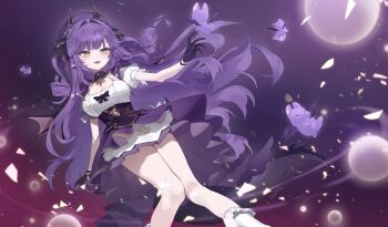 1girl 26duck absurdres artist_name blush breasts cleavage commentary dragon_girl dragon_horns dragon_tail dragon_wings fangs floating floating_hair gem gloves gold_trim hair_intakes high-waist_skirt highres horns jewelry knees_together_feet_apart large_breasts light_particles long_hair looking_ahead necklace open_mouth outstretched_arm pointy_ears puffy_short_sleeves puffy_sleeves purple_gemstone purple_gloves purple_hair purple_skirt sakihane_huya shards shirt short_sleeves skirt smile solo stellive tail teeth thighs two_side_up upper_teeth_only very_long_hair virtual_youtuber white_shirt wings yellow_eyes