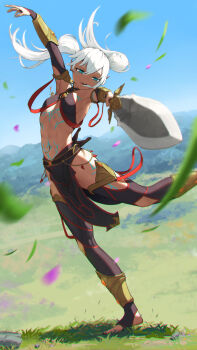 1girl absurdres armpits artist_request bare_shoulders barefoot black_thighhighs breasts dancer dark_skin elf grass highres holding holding_sword holding_weapon les_chevaucheurs lettanya long_hair looking_at_viewer navel navel_piercing open_mouth pelvic_curtain piercing pointy_ears scenery sky small_breasts solo standing standing_on_one_leg stirrup_legwear stomach sword tan thighhighs toeless_legwear weapon white_hair
