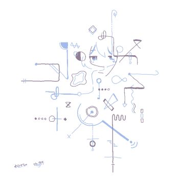 Rule 34 | 1girl, abstract, absurdres, colo (frypan soul), dated, dated commentary, highres, jaggy lines, limited palette, looking at viewer, medium hair, original, shapes, signature, solo, straight-on, white background