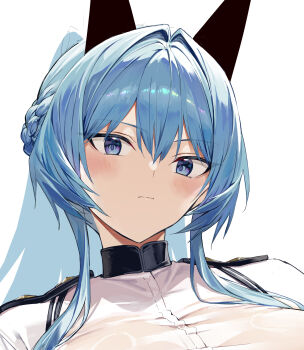 1girl blue_eyes blue_hair blush braid closed_mouth frown goddess_of_victory:_nikke hair_intakes headgear helm_(aqua_marine)_(nikke) helm_(nikke) highres hiiragi_yuuichi long_hair official_alternate_costume ponytail portrait shirt simple_background solo unfinished white_background white_shirt