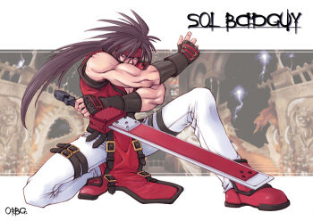 arc_system_works belt belt_buckle biceps black_belt black_gloves brown_hair buckle castle character_name commentary_request fighting_stance fingerless_gloves fireseal full_body gloves gold_buckle guilty_gear headband holding holding_sword holding_weapon impasto jacket korean_commentary lapels left-handed leg_belt long_hair male_focus muscular muscular_male nose on_one_knee orebalgum pants red_carpet red_headband red_jacket red_shoes ruins shoes sleeveless sleeveless_jacket sol_badguy solo spiked_hair straight_hair sword watermark weapon web_address white_pants
