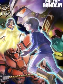 2boys 2girls amuro_ray barefoot bindi blonde_hair boots brown_hair char_aznable clenched_teeth dress elmeth gelgoog gelgoog_s_char_custom gundam helmet lalah_sune mask mecha military military_uniform mobile_suit_gundam multiple_boys multiple_girls pilot_suit robot rx-78-2_gundam sayla_mass space spoilers teeth yusao