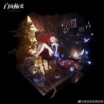 1girl absurdres alchemy_stars alternate_costume ame_jang antique_phone areia_(alchemy_stars) areia_(night_to_remember)_(alchemy_stars) arm_at_side arm_tattoo armchair bare_legs bare_shoulders barefoot black_background black_choker black_dress black_gloves blonde_hair book book_stack breasts brown_eyes bug butterfly butterfly_choker butterfly_earrings candelabra candle candlestand carpet chair chinese_commentary choker copyright_name cordless_phone curtains cushion dress dress_flower earrings extreme_dangling fireplace flower footstool framed_insect full_body glass_slipper gloves half_gloves hand_on_own_stomach high_heels highres indoors insect jewelry lamp light_particles long_hair looking_at_viewer low-tied_long_hair official_art parted_lips pendant_choker phone picture_frame plant plunging_neckline potted_plant purple_butterfly purple_flower rotary_phone shoe_dangle shoes short_dress sideways_glance simple_background single_glove single_shoe sitting_sideways small_breasts solo strapless strapless_dress sunlight sweatdrop tassel tattoo unworn_shoes very_long_hair watermark weibo_watermark window