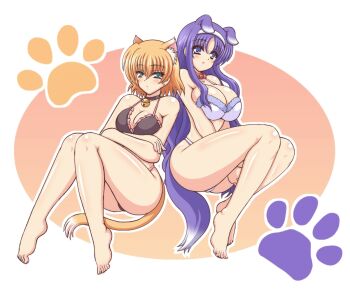 Rule 34 | 00s, 2girls, :<, animal ears, arisa bunnings, bare shoulders, bell, bikini, blonde hair, blue eyes, blush, breast hold, breasts, cat ears, cat tail, cleavage, collar, crossed arms, curvy, dog ears, dog tail, earrings, frilled bikini, frills, hairband, jewelry, kano-0724, kemonomimi mode, large breasts, long hair, looking at viewer, lying, lyrical nanoha, mahou shoujo lyrical nanoha strikers, multiple girls, neck bell, on back, paw print, purple eyes, purple hair, shiny skin, short hair, smile, swimsuit, tail, tsukimura suzuka, very long hair, wide hips