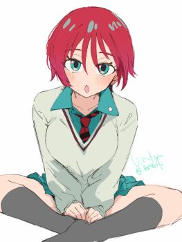 1girl :o amate_yuzuriha aqua_eyes aqua_shirt aqua_skirt artist_name black_necktie blush breasts collarbone collared_shirt commentary_request diagonal-striped_clothes diagonal-striped_necktie grey_socks gundam gundam_gquuuuuux highres indian_style kneehighs large_breasts long_sleeves looking_at_viewer miniskirt necktie no_nose open_mouth pleated_skirt red_hair red_necktie school_uniform shirt short_hair simple_background sitting skirt socks solo striped_clothes sweater ukitamilk white_background