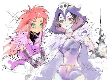 2girls belt black_fire black_gloves cloak closed_mouth commentary dc_comics dress elbow_gloves english_commentary fingerless_gloves fire formal_clothes fur_trim gloves green_eyes head_tilt highres hood hood_up hooded_cloak long_hair longingly looking_at_another messy_hair multiple_girls official_alternate_costume open_mouth pink_hair purple_cloak purple_eyes purple_fur purple_hair raven_(dc) short_bangs short_hair sitting sketch standing starfire suit teen_titans teen_titans_go! upper_body