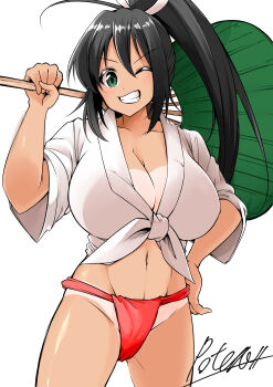 1girl absurdres bikini_tan black_hair blush breasts cleavage clenched_teeth collarbone dark-skinned_female dark_skin fundoshi green_eyes hair_between_eyes hair_ribbon hand_fan high_ponytail highres holding holding_fan homura_(senran_kagura) huge_filesize japanese_clothes large_breasts long_hair looking_at_viewer navel one_eye_closed panties ponytail potera ribbon senran_kagura shiny_skin solo stomach tan tanline teeth underwear very_long_hair