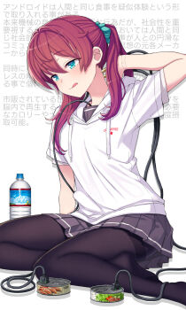 1girl android android_girl_sui aqua_eyes arm_up bottle brown_hair brown_sailor_collar cable can canned_food dumpling food ham highres hood hoodie itou_(onsoku_tassha) jiaozi joints on_floor original robot_joints sailor_collar salad school_uniform seams serafuku simple_background sitting tongue tongue_out translation_request twintails wall_of_text water_bottle white_background yokozuwari