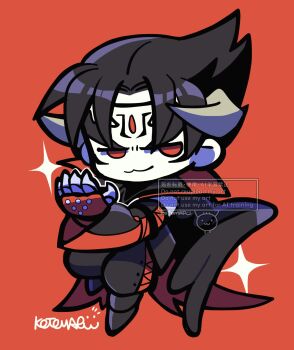 1boy :3 black_hair black_pants black_wings chibi chibi_only commentary_request devil_jin full_body highres horns kazama_jin kotorai limited_palette looking_at_viewer male_focus pants red_background red_eyes simple_background solo sparkle tekken watermark wings