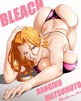 1girl absurdres all_fours ass bikini bleach blue_eyes breasts character_name copyright_name female_focus hand_on_own_head highres large_breasts lips long_hair looking_at_viewer matsumoto_rangiku mole mole_under_mouth orange_hair saburo_des shiny_skin simple_background solo swimsuit