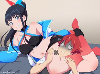 1boy 1girl asphyxiation bare_shoulders bed_sheet black_hair black_skirt blank_eyes blue_eyes blue_jacket clenched_teeth eufoniuz femdom gridman_universe gridman_universe_(movie) hair_ribbon halterneck head_between_thighs hibiki_yuuta high_ponytail highres jacket kneehighs long_hair miniskirt navel off_shoulder patreon_username ponytail red_hair red_socks ribbon scissorhold skirt smile socks ssss.gridman stomach takarada_rikka takarada_rikka_(solarain_toys) teeth thighs triangle_choke