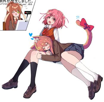 2girls ;d animal_ears b4_(yonten) black_socks blazer blue_skirt bow brown_hair brown_jacket brown_shoes cat_ears cat_girl cat_tail closed_eyes collared_shirt commentary_request computer doki_doki_literature_club doki_doki_literature_club_school_uniform full_body green_eyes hair_bow hair_intakes heart highres inset jacket kneehighs knees lap_pillow lapels laptop layered_sleeves long_sleeves lying miniskirt monika_(doki_doki_literature_club) multiple_girls natsuki_(doki_doki_literature_club) neck_ribbon notched_lapels on_side one_eye_closed open_mouth orange_sweater_vest partial_commentary pink_eyes pink_hair pleated_skirt ponytail recording red_ribbon ribbon sayori_(doki_doki_literature_club) school_uniform shirt shoes simple_background sitting skirt sleeping sleeping_on_person smile socks sweater_vest tail tail_bow tail_ornament white_background white_socks yuri