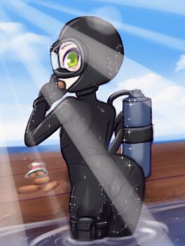 1girl ass black_bodysuit blush bodysuit cameltoe cloud diving_mask diving_suit drantyno from_behind goggles green_eyes highres light_rays looking_at_viewer looking_back ocean oxygen_tank partially_submerged scuba sky sparkle standing sunbeam sunlight wading water wet wetsuit