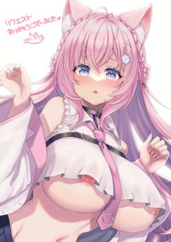 Rule 34 | 1girl, :o, animal ear fluff, animal ears, antenna hair, bare shoulders, belt, black belt, black choker, black skirt, blush, braid, braided bun, breasts, chest belt, choker, clenched hand, coat, collared shirt, commentary request, commission, covered erect nipples, crop top, crown braid, double bun, fingernails, frilled shirt, frills, hair between eyes, hair bun, hair ornament, hair ribbon, hakui koyori, hakui koyori (1st costume), hands up, heart, heart choker, highres, hololive, huge breasts, lab coat, linea alba, lips, long hair, long sleeves, looking at viewer, nail polish, navel, necktie, nipple slip, nipples, no bra, nyorori (tatsutaage), open clothes, open coat, open mouth, pink hair, pink nails, pink necktie, purple eyes, red ribbon, ribbon, shirt, simple background, skeb commission, skirt, sleeveless, sleeveless shirt, solo, stomach, tie clip, translation request, virtual youtuber, white background, white coat, white shirt, wolf ears, wolf girl