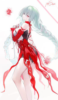 1girl bandaged_arm bandages bare_legs bare_shoulders black_shorts blood bloody_tears braid breasts closed_mouth commentary detached_sleeves dress feet_out_of_frame fingernails flower from_side grey_eyes grey_hair halter_dress halterneck heterochromia highres long_hair looking_at_viewer looking_to_the_side low_twin_braids medium_breasts multicolored_hair nail_polish omone_hokoma_agm phrolova_(wuthering_waves) red_dress red_eyes red_nails shorts signature single_detached_sleeve solo spider_lily streaked_hair twin_braids very_long_hair wuthering_waves