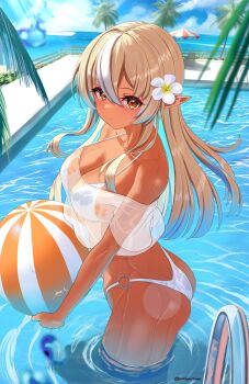 ass bikini breasts cleavage dark-skinned_female dark_skin elf highres hololive inari_(ambercrown) large_breasts looking_at_viewer partially_submerged pointy_ears pool shiranui_flare swimsuit tan virtual_youtuber white_bikini