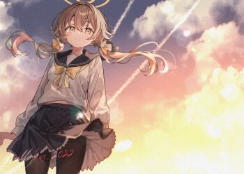1girl black_pantyhose black_skirt blue_archive blush bow bowtie brown_hair cardigan closed_mouth clothes_lift cloud cloudy_sky commentary_request contrail floating_hair frilled_skirt frills gradient_sky hair_between_eyes hair_ornament halo hifumi_(blue_archive) long_hair long_sleeves low_twintails nillfier_2022 orange_sky pantyhose pleated_skirt sailor_collar school_uniform skirt skirt_lift sky smile solo twilight twintails white_cardigan wind wind_lift yellow_bow yellow_bowtie yellow_eyes yellow_halo