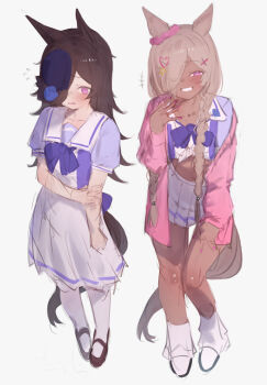 1girl animal_ears blonde_hair blue_flower blue_hat blue_rose blush brown_hair cardigan dark-skinned_female dark_skin ear_ornament flipped_hair flower flying_sweatdrops gyaru hair_ornament hair_over_one_eye hat hat_flower heart heart_hair_ornament highres horse_ears horse_girl horse_tail long_hair looking_at_viewer midriff multiple_views open_mouth pink_cardigan purple_eyes purple_shirt rice_shower_(umamusume) rose sailor_collar school_uniform shirt simple_background sketch skirt smile tail tan thighhighs tied_shirt tilted_headwear tracen_school_uniform umamusume white_background white_sailor_collar white_skirt white_thighhighs x_hair_ornament xaea_xp