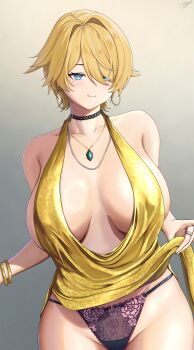 1girl absurdres alternate_costume bare_shoulders black_choker black_panties blonde_hair blue_eyes blush bracelet breasts choker cleavage closed_mouth clothes_lift collarbone commentary cowboy_shot dress dress_lift earrings english_commentary evening_gown floating_earrings gem girls'_frontline girls'_frontline_2:_exilium gold_dress green_gem groin hair_between_eyes hair_intakes highres jewelry lace lace-trimmed_panties lace_trim large_breasts lifting_own_clothes looking_at_viewer mole mole_under_eye multiple_bracelets necklace nikketa_(girls'_frontline_2) panties ring short_hair sidelocks simple_background sleeveless sleeveless_dress smile solo standing swept_bangs tacticsalt underwear vsk-94_(girls'_frontline)