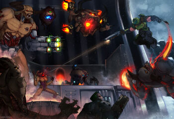 1boy arachnotron arch-vile arm_cannon armor artist_name assault_visor baron_of_hell battle biceps blood blue_eyes brain broken_horn cacodemon chain claws colored_sclera commentary crew_cut cyberdemon cyborg demon doom_(series) doom_eternal doomguy double-barreled_shotgun english_commentary exposed_internal_machinery extra_mouth fangs fewer_digits finger_on_trigger fire flaming_skull gloves green_armor green_eyes green_hair green_sclera gun helmet highres holding holding_gun holding_weapon horns imp_(doom) indoors lava leedlemann looking_at_another lost_soul_(doom) midair one-eyed open_mouth pain_elemental praetor_suit red_eyes red_sclera sharp_teeth short_hair shotgun shoulder_cannon skull slit_throat smoke smoking_barrel snow sparks spikes steam teeth tusks very_short_hair weapon wire wrist_blades zombieman_(doom)