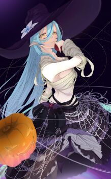 Rule 34 | 1girl, bandaged arm, bandages, black background, black skirt, blue hair, breasts, budget sarashi, closed mouth, cowboy shot, double-parted bangs, edge ill, flower, from side, hair between eyes, halloween, hand up, hashtag-only commentary, hat, hat flower, highres, holding, hololive, jack-o'-lantern, large breasts, large hat, long hair, looking at viewer, multicolored hair, pointy ears, pumpkin, purple hat, sarashi, silk, skirt, solo, spider web, streaked hair, virtual youtuber, witch hat, yellow eyes, yukihana lamy