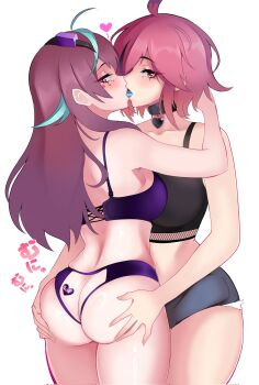 2girls ass back black_camisole black_choker blue_hair blue_shorts blue_tongue blush bra breasts camisole choker collarbone colored_tongue cropped_shirt denim denim_shorts emikukis_(vtuber) eyelashes eyeliner facial_mark female_focus french_kiss from_behind grabbing_another&#039;s_ass groping huge_ass indie_virtual_youtuber kiss large_breasts long_hair looking_at_viewer looking_back makeup multiple_girls naughty_face nene_efthy open_mouth panties pink_eyes pink_hair profile purple_bra purple_hair purple_panties ringo-chan_(saikoaweonao23) short_hair shorts simple_background tongue tongue_out underwear virtual_youtuber white_background yellow_eyes yuri