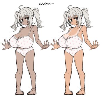 1girl :/ ahoge bare_arms bare_shoulders barefoot black_eyes bra breasts cleavage collarbone commentary_request dark-skinned_female dark_skin floral_print floral_print_bra floral_print_panties fon_(96nokimihito) full_body grey_hair highres huge_breasts multiple_views one-piece_tan open_hands oppai_loli original panties pigeon-toed print_panties simple_background standing tan tanline twintails underwear underwear_only variations white_background white_bra white_panties