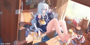 1girl absurdres artist_name blue_eyes blue_flower blue_hair blue_rose cake cake_slice can curtains desk_lamp flower food hat heterochromia highres holding holding_spoon lamp long_hair military_vehicle motor_vehicle ningmeng_jing_jing_jing_jing original pudding red_eyes rose school_swimsuit solo spoon suitcase swimsuit tank very_long_hair