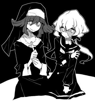 Rule 34 | 2girls, colored skin, cross, dowman sayman, dress, habit, hair ribbon, highres, konno junko, low twintails, monochrome, multicolored skin, multiple girls, nun, ribbon, ringed eyes, smile, takemi tae, twintails, yamada tae, zombie girl, zombie land saga