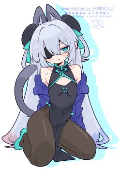 1boy animal_ear_fluff animal_ears bare_shoulders black_dress black_pantyhose blue_bow blue_cardigan blue_eyes blue_hair blue_shoes blush bow bulge cardigan cat_boy cat_ears cat_tail china_dress chinese_clothes cleavage_cutout clothing_cutout collarbone colored_tips commentary crossdressing crossdressing_(mtf) dress earclip extra_ears eyepatch frown full_body furrowed_brow grey_tail hair_between_eyes hair_bow hair_intakes high_heels highres long_hair looking_at_viewer male_focus multicolored_hair narrowed_eyes no_nose one_eye_covered op_na_yarou open_cardigan open_clothes original pantyhose pelvic_curtain quad_tails red_hair rigel_(op_na_yarou) seiza shoes side_slit sidelocks simple_background sitting sleeveless sleeveless_dress solo straight_hair sweat tail trap very_long_hair watermark white_background white_hair