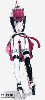 1girl animal_ears back_peek bar_censor bdsm black_thighhighs bondage bound bound_arms butt_plug cat_ears cat_tail censored egg_vibrator female_focus from_behind gag gagged garter_belt garter_straps high_heels highres liclac maid maid_headdress medium_hair no_panties original purple_hair pussy_juice restrained sex_toy simple_background solo tail thighhighs vibrator white_background white_thighhighs