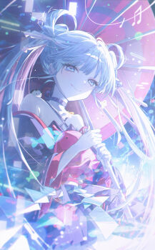 1girl absurdres bare_shoulders black_choker black_kimono blue_eyes choker chou_kaguya-hime! closed_mouth commentary_request fushi_(chou_kaguya-hime!) hair_ornament hair_rings hair_stick highres holding holding_umbrella japanese_clothes kimono light_particles long_hair long_sleeves looking_at_viewer musical_note octopus oil-paper_umbrella red_umbrella runami_yachiyo smile solo tto_dya twintails umbrella upper_body white_hair