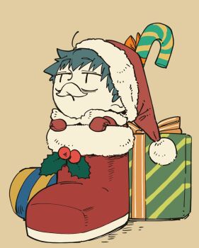 Rule 34 | 1boy, boots, candy, candy cane, chibi, christmas, christmas present, commentary, fake facial hair, fake mustache, fate/grand order, fate (series), food, gift, grey hair, hat, holly, kokujin youhei, male focus, saitou hajime (fate), santa hat, short hair, simple background, single boot, solo, untranslatable commentary