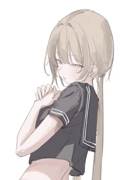 1girl absurdres blonde_hair blush breasts hand_on_own_chest head_tilt highres laneigu long_hair looking_at_viewer looking_to_the_side low_twintails medium_breasts mole mole_under_eye narrowed_eyes original own_hands_together sailor_collar short_sleeves simple_background sketch solo twintails very_long_hair white_background yellow_eyes yuzu_(laneigu)