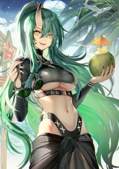1girl arknights beach bird blue_sky breasts cloud commentary_request day facial_scar goggles green_hair hair_between_eyes highres holding horns hoshiguma_(arknights) hoshiguma_(seeker)_(arknights) jewelry long_hair long_sleeves looking_at_viewer nail_polish navel ocean official_alternate_costume oni open_mouth outdoors palm_tree pendant red_nails scar scar_on_cheek scar_on_face seagull single_horn skin-covered_horns sky smile solo standing stomach tarutaru_yamaoka teeth tree underboob unworn_goggles upper_teeth_only water yellow_eyes