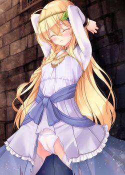 1girl ahoge arms_up bdsm blonde_hair blue_skirt blush bondage bound braid cameltoe closed_eyes cuffs dungeon female_focus female_prisoner food food-themed_hair_ornament fruit gluteal_fold grape_hair_ornament grapes hair_ornament indoors iris_(konosuba) kirishima_satoshi kono_subarashii_sekai_ni_shukufuku_wo! legs_apart long_hair panties pantyhose prisoner restrained shirt skirt solo thighs torn_clothes torn_pantyhose torn_skirt underwear wet wet_clothes wet_panties white_panties white_pantyhose white_shirt