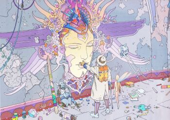 1boy 1girl backpack bag barefoot blonde_hair book broken_wall broken_wires cane clutter coat colorful disembodied_head fairy floating from_behind hand_up hat highres holding holding_cane long_hair mini_person minigirl moebius nude original pastel_colors robot shoes surreal wings wire