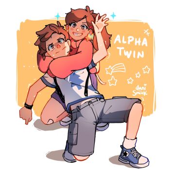 1boy 1girl braces brother_and_sister brown_eyes brown_hair danismilek dipper_pines gravity_falls hairband highres holding long_hair long_sleeves looking_at_viewer mabel_pines open_mouth shirt short_hair siblings simple_background skirt smile sweater twins