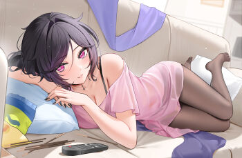 1girl absurdres ashley_graves bag_of_chips bare_shoulders basilcopperhand black_bra black_choker black_hair black_nails black_panties bra bra_visible_through_clothes breasts bright_pupils brown_pantyhose choker cleavage commentary controller couch cowlick dutch_angle english_commentary feet food full_body grin hair_between_eyes hair_intakes head_on_pillow highres indoors knees_together_feet_apart light_particles looking_at_viewer lying medium_breasts medium_hair nail_polish navel no_shoes o-ring o-ring_choker off-shoulder_shirt off_shoulder on_couch on_side own_hands_together panties pantyhose pillow pink_eyes pink_shirt pocky ponytail remote_control see-through_clothes see-through_shirt shirt short_sleeves smile solo the_coffin_of_andy_and_leyley toes underwear